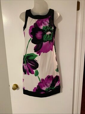 Sleeveless White Dress with Purple & Green Floral Print